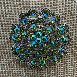 Vintage Green Rhinestone Flower Brooch